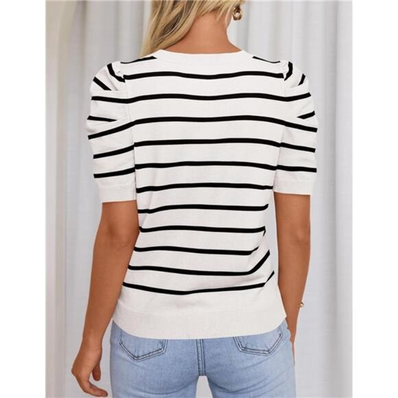 Women's Trendy Summer Tops Lightweight Striped Puff Short Sleeve Crew Neck - Picture 5 of 6